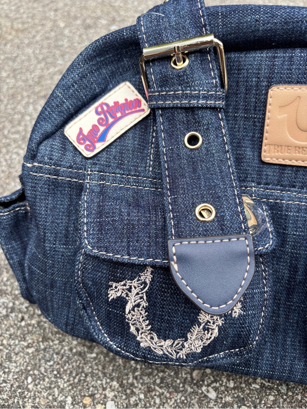 True Religion Dark Blue Denim Patchwork Purse Bag with Belt Straps - Picture 3 of 8